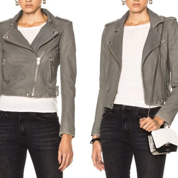 IRO Ashville Lamb Leather Moto Jacket Gray Women's 36 S Cropped Biker Zip Sleeve - Picture 3 of 10